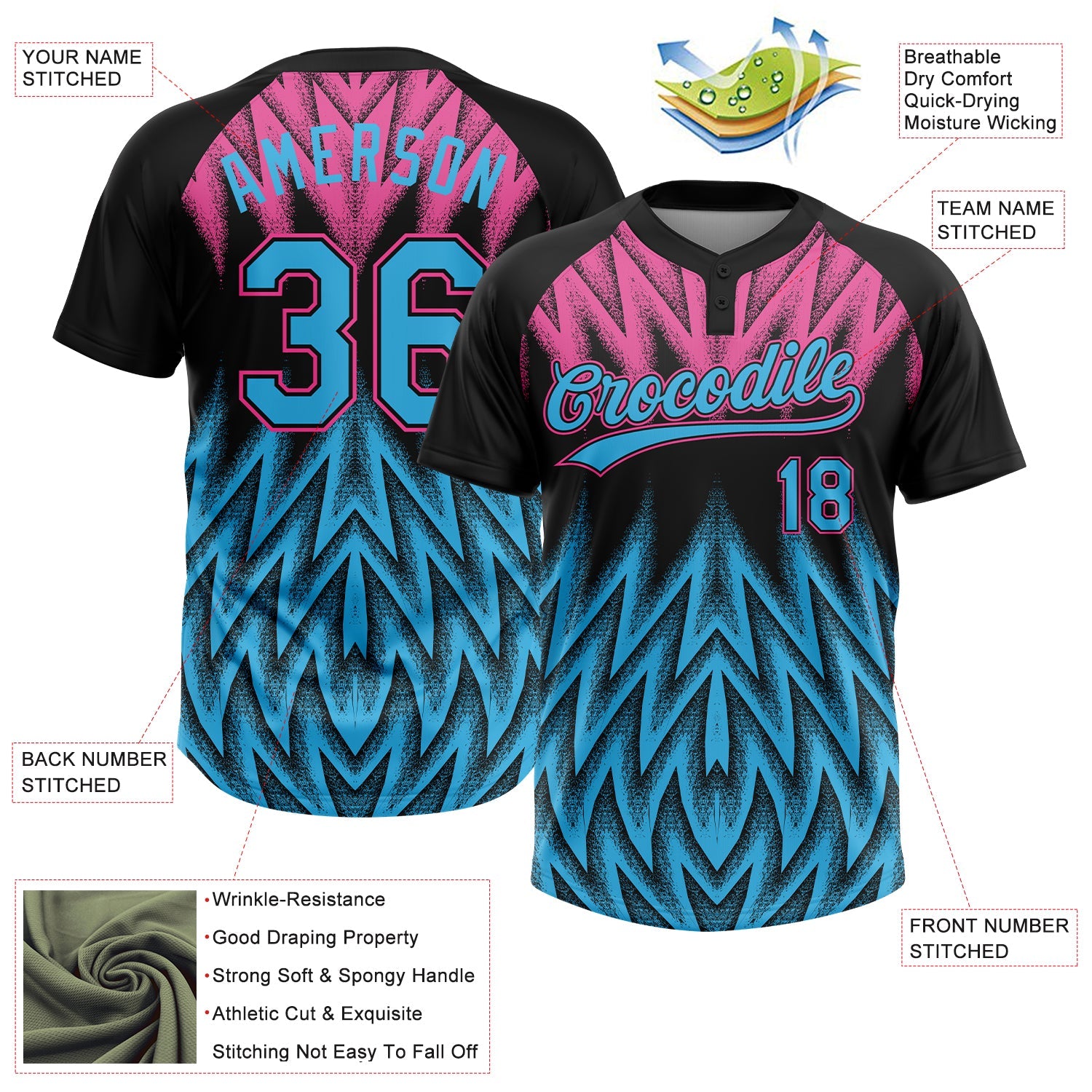 Custom Black Sky Blue-Pink Raglan Sleeves Abstract Geometric Chevron Zigzag Two-Button Unisex Softball Jersey view 3