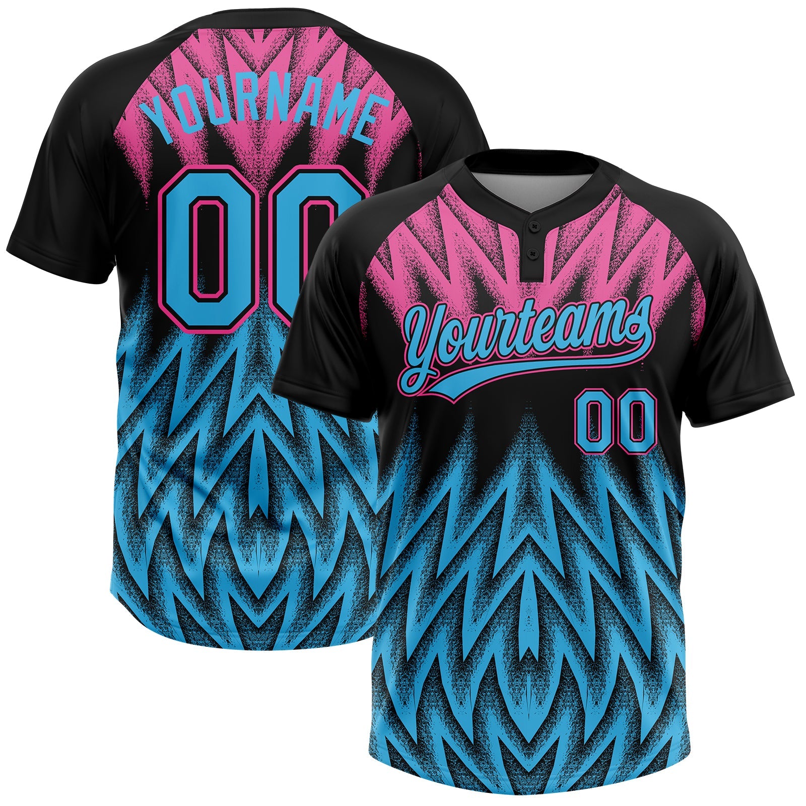 Custom Black Sky Blue-Pink Raglan Sleeves Abstract Geometric Chevron Zigzag Two-Button Unisex Softball Jersey - Main View