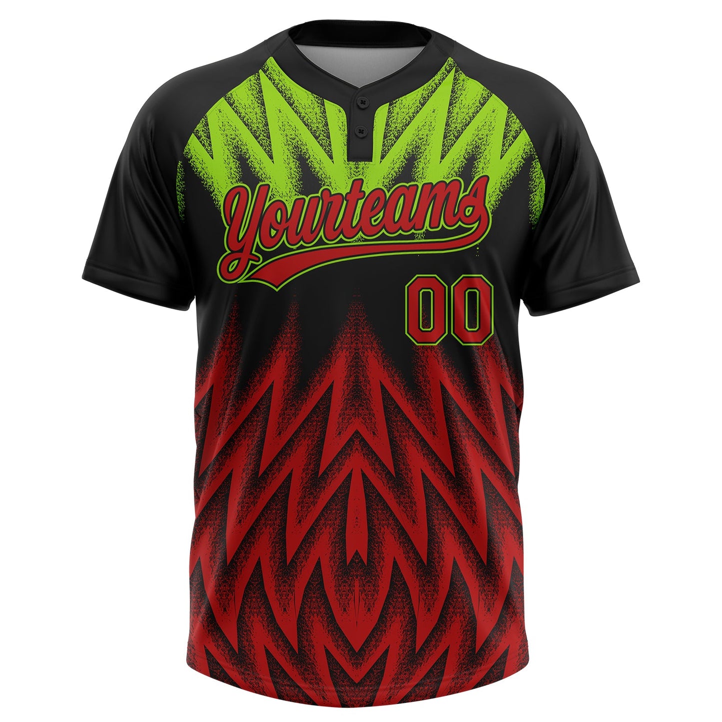Custom Black Red-Neon Green Raglan Sleeves Abstract Geometric Chevron Zigzag Two-Button Unisex Softball Jersey view 2