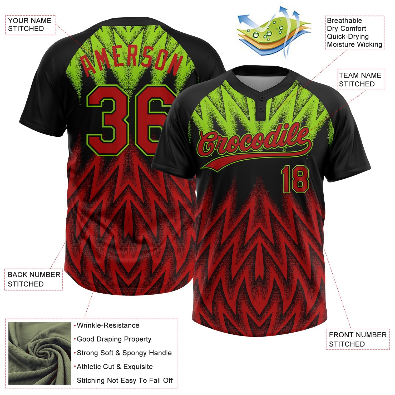 Custom Black Red-Neon Green Raglan Sleeves Abstract Geometric Chevron Zigzag Two-Button Unisex Softball Jersey view 3