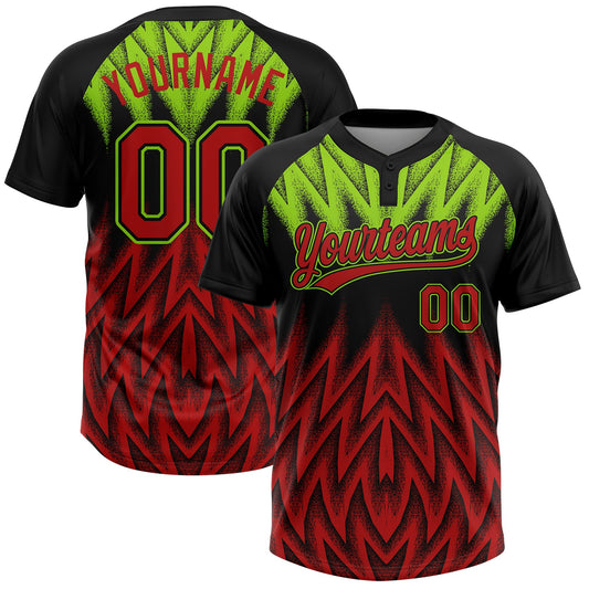 Custom Black Red-Neon Green Raglan Sleeves Abstract Geometric Chevron Zigzag Two-Button Unisex Softball Jersey - Main View