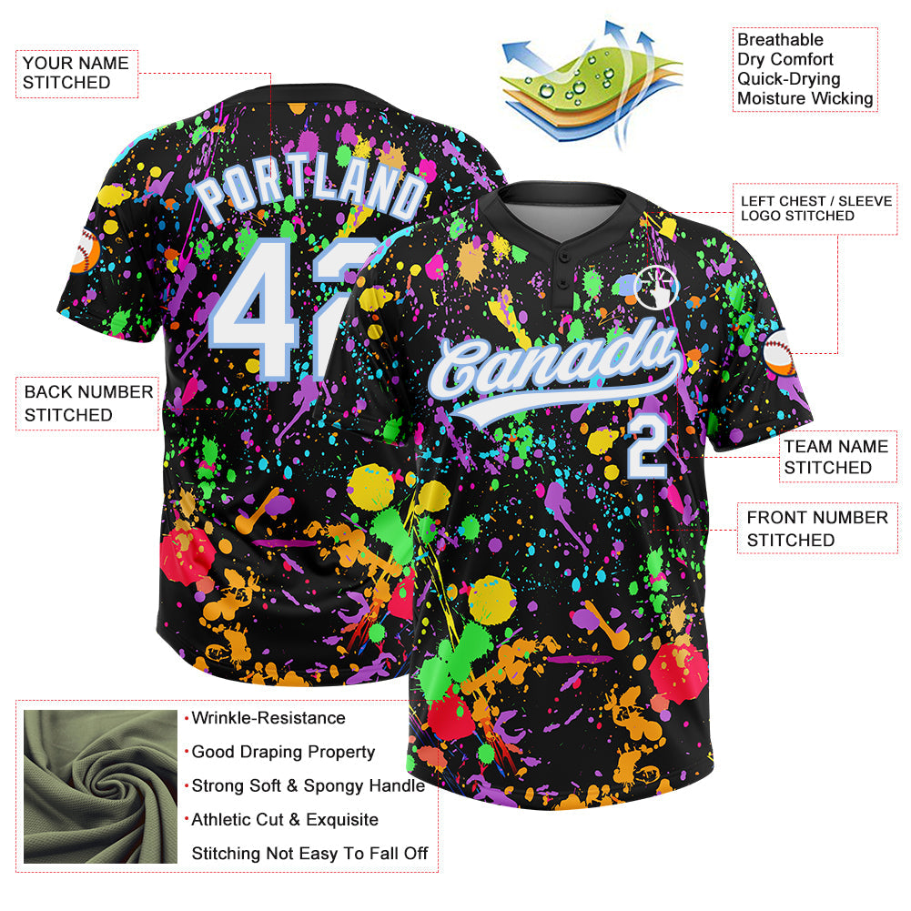 Custom Graffiti Pattern White-Light Blue Multicolor Paint Splatter Two-Button Unisex Softball Jersey view 3