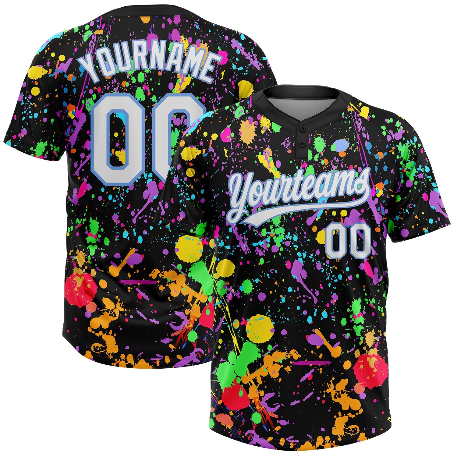 Custom Graffiti Pattern White-Light Blue Multicolor Paint Splatter Two-Button Unisex Softball Jersey - Main View