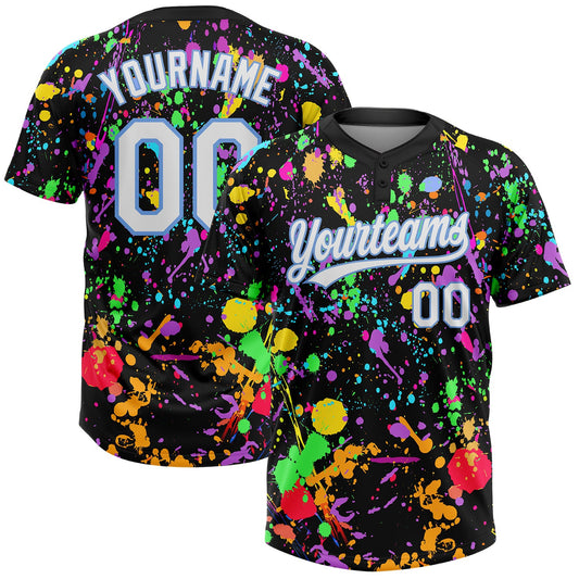 Custom Graffiti Pattern White-Light Blue Multicolor Paint Splatter Two-Button Unisex Softball Jersey - Main View