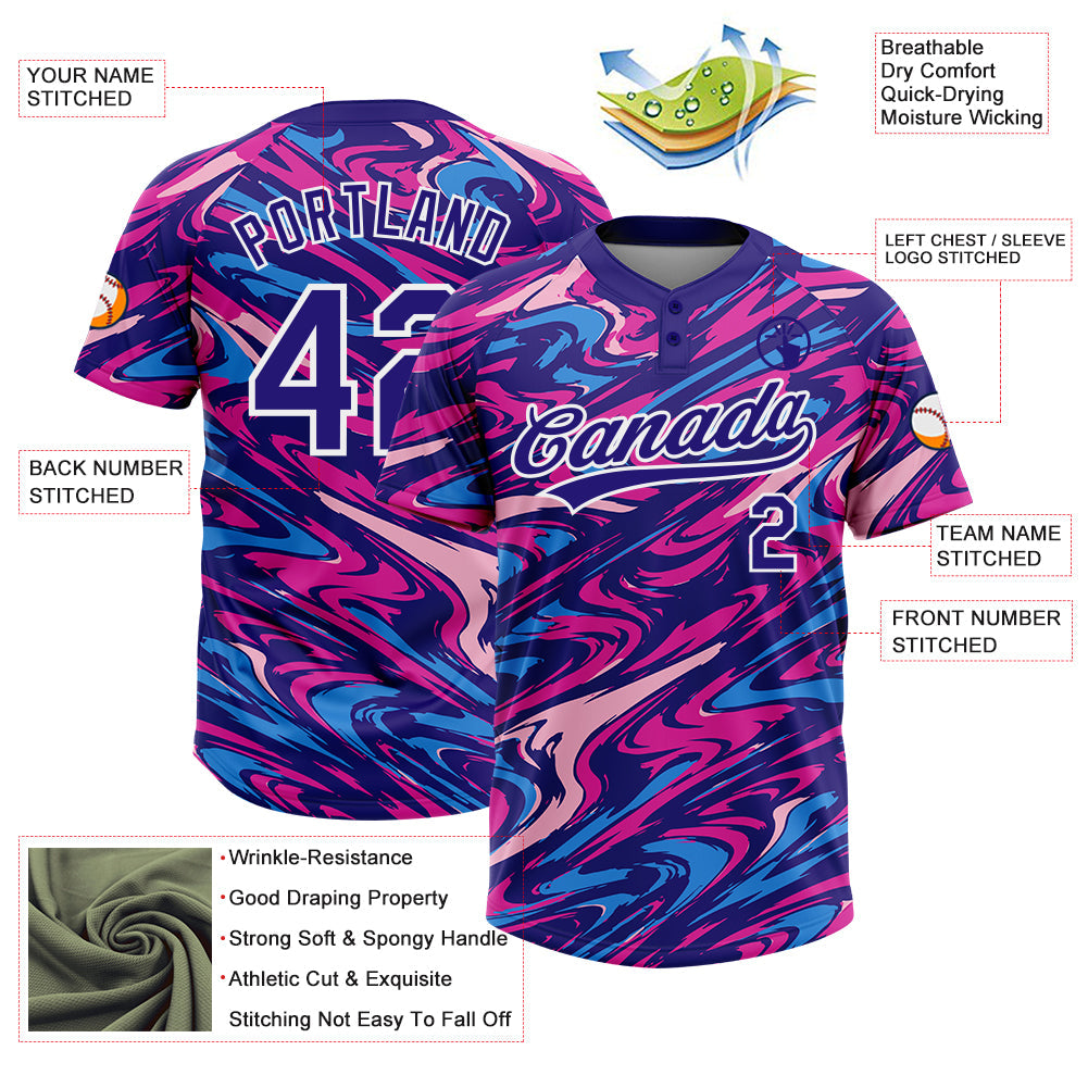 Custom Dark Purple Deep Pink-White Marble Swirl Liquid Fluid 3D Pattern Two-Button Unisex Softball Jersey view 3