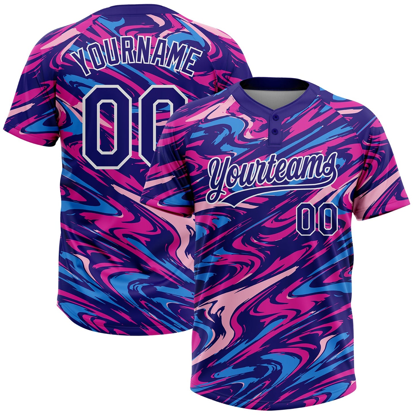 Custom Dark Purple Deep Pink-White Marble Swirl Liquid Fluid 3D Pattern Two-Button Unisex Softball Jersey - Main View