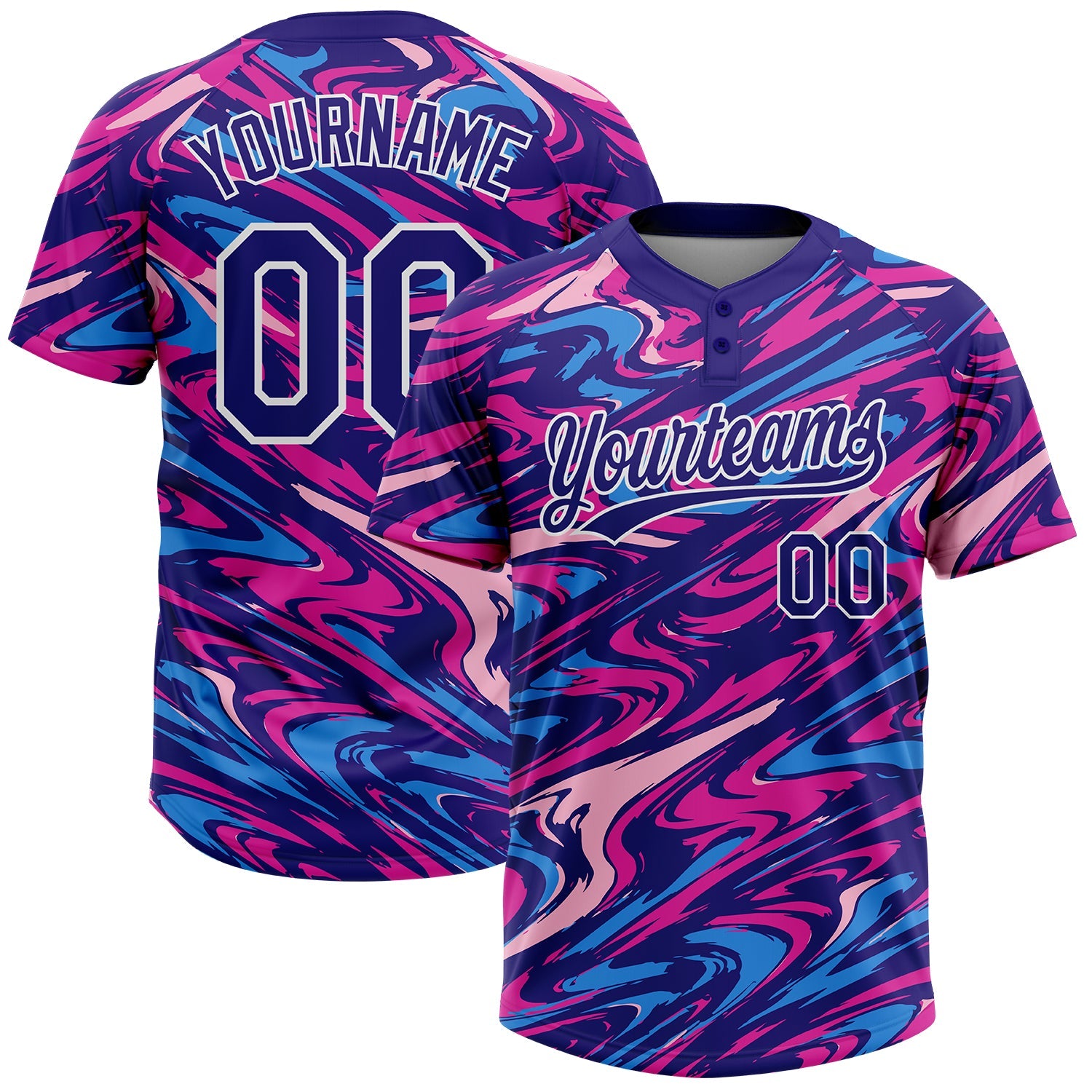 Custom Dark Purple Deep Pink-White Marble Swirl Liquid Fluid 3D Pattern Two-Button Unisex Softball Jersey - Main View