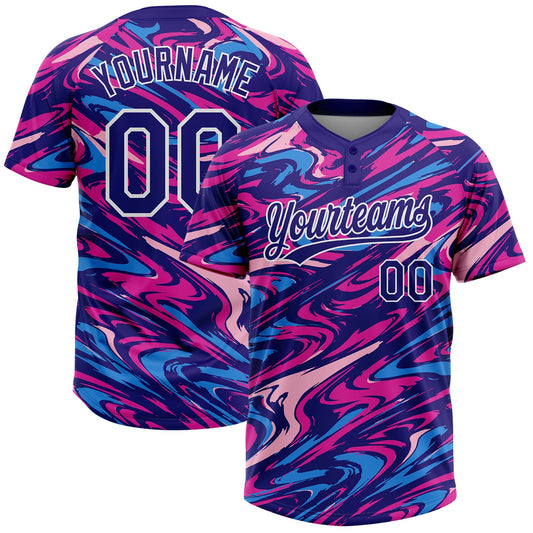 Custom Dark Purple Deep Pink-White Marble Swirl Liquid Fluid 3D Pattern Two-Button Unisex Softball Jersey - Main View