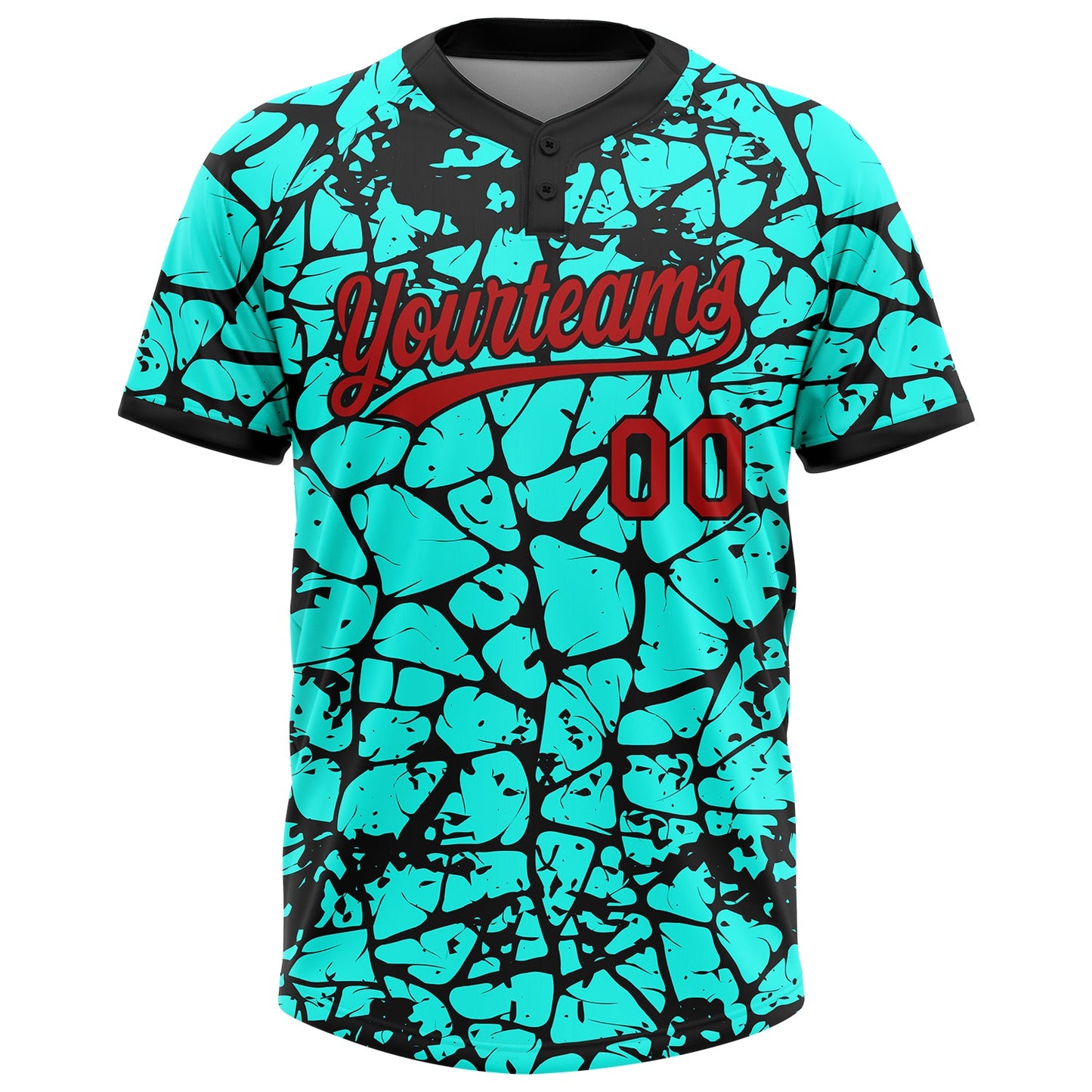 Custom Aqua Red-Black Abstract Network Crackle 3D Pattern Two-Button Unisex Softball Jersey view 2