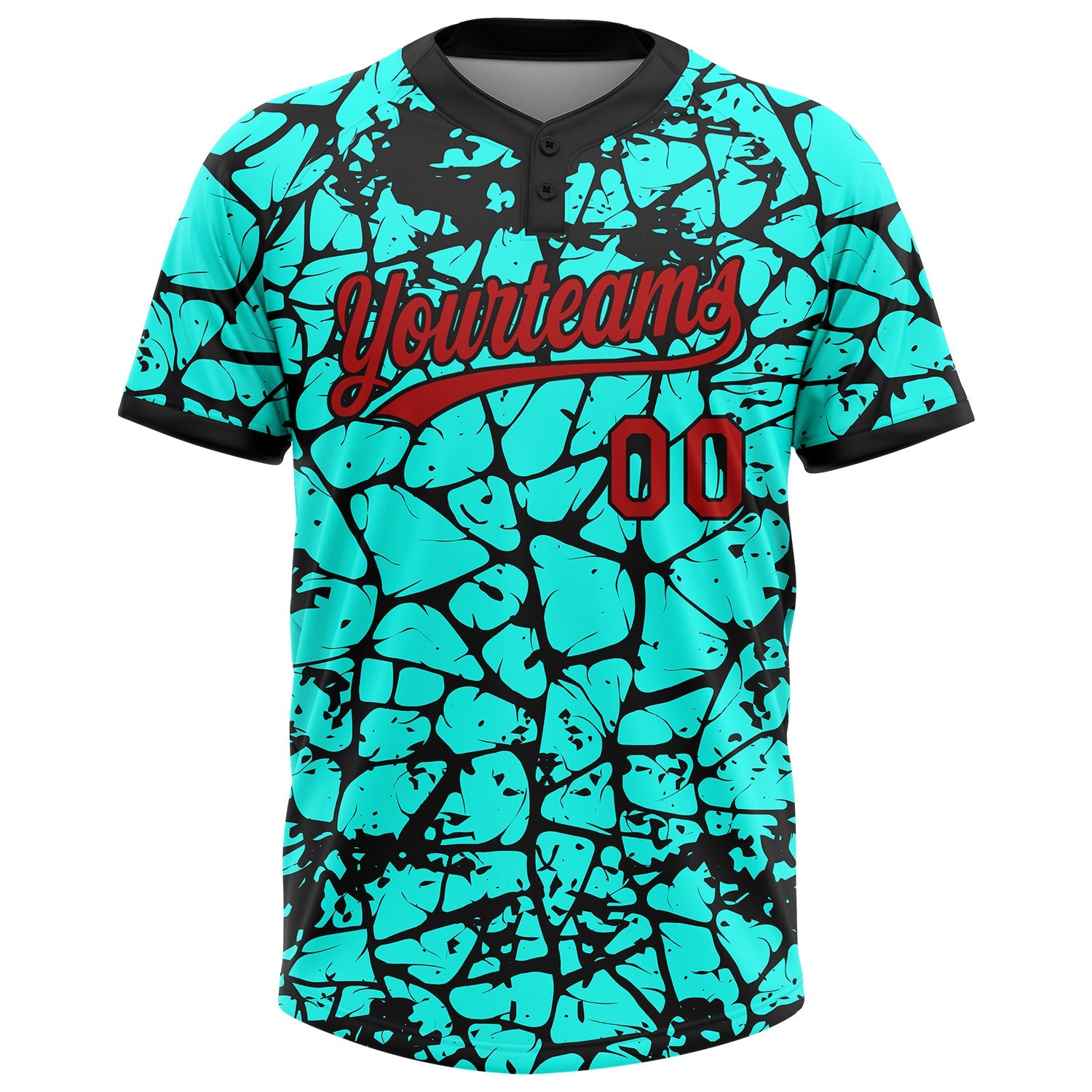 Custom Aqua Red-Black Abstract Network Crackle 3D Pattern Two-Button Unisex Softball Jersey view 2