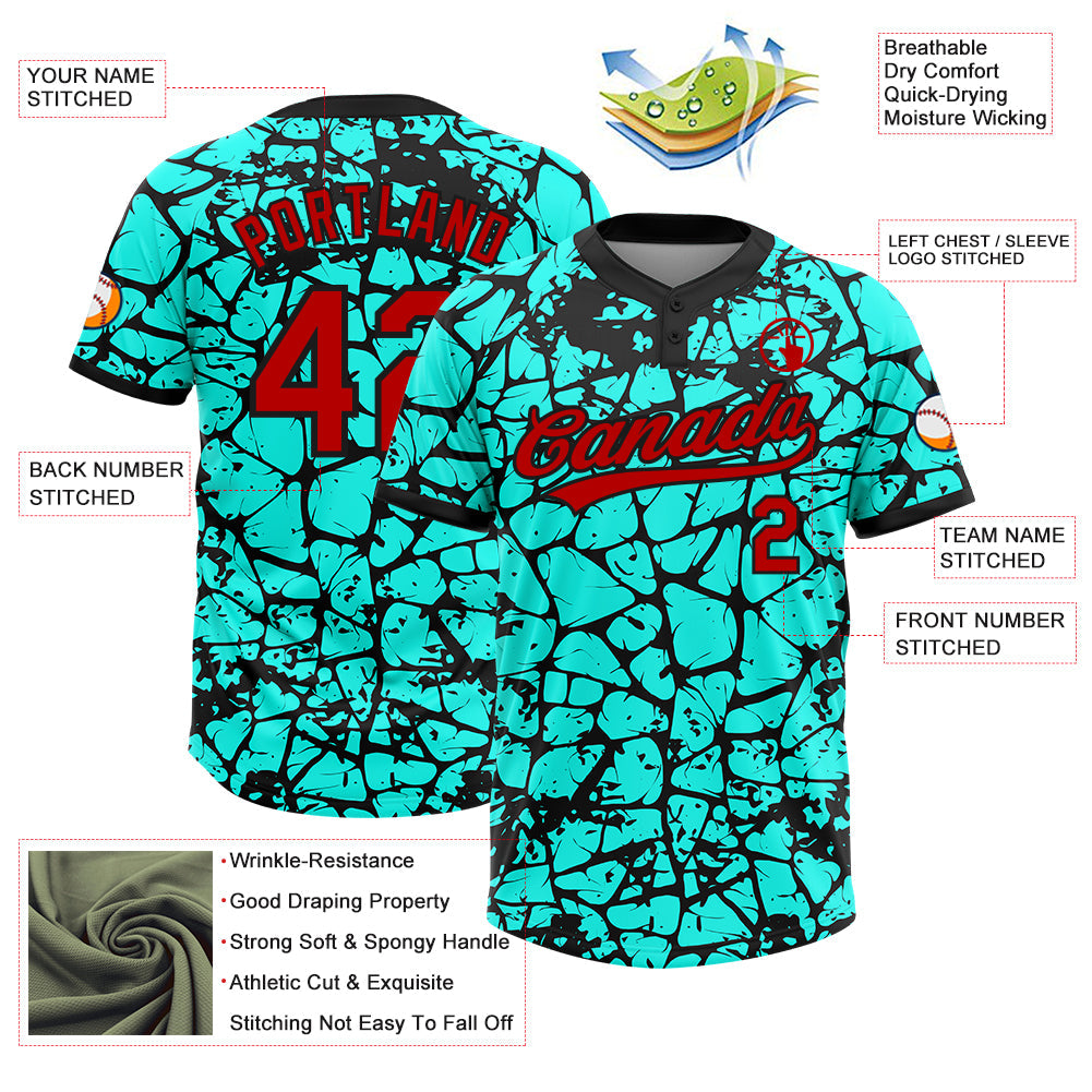 Custom Aqua Red-Black Abstract Network Crackle 3D Pattern Two-Button Unisex Softball Jersey view 3