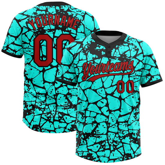 Custom Aqua Red-Black Abstract Network Crackle 3D Pattern Two-Button Unisex Softball Jersey - Main View