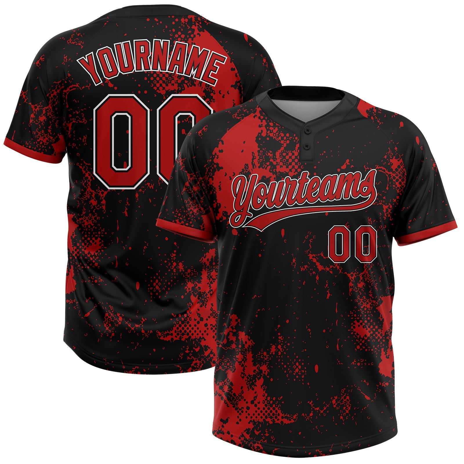 Custom Black Red-White Abstract Splatter 3D Pattern Two-Button Unisex Softball Jersey - Main View