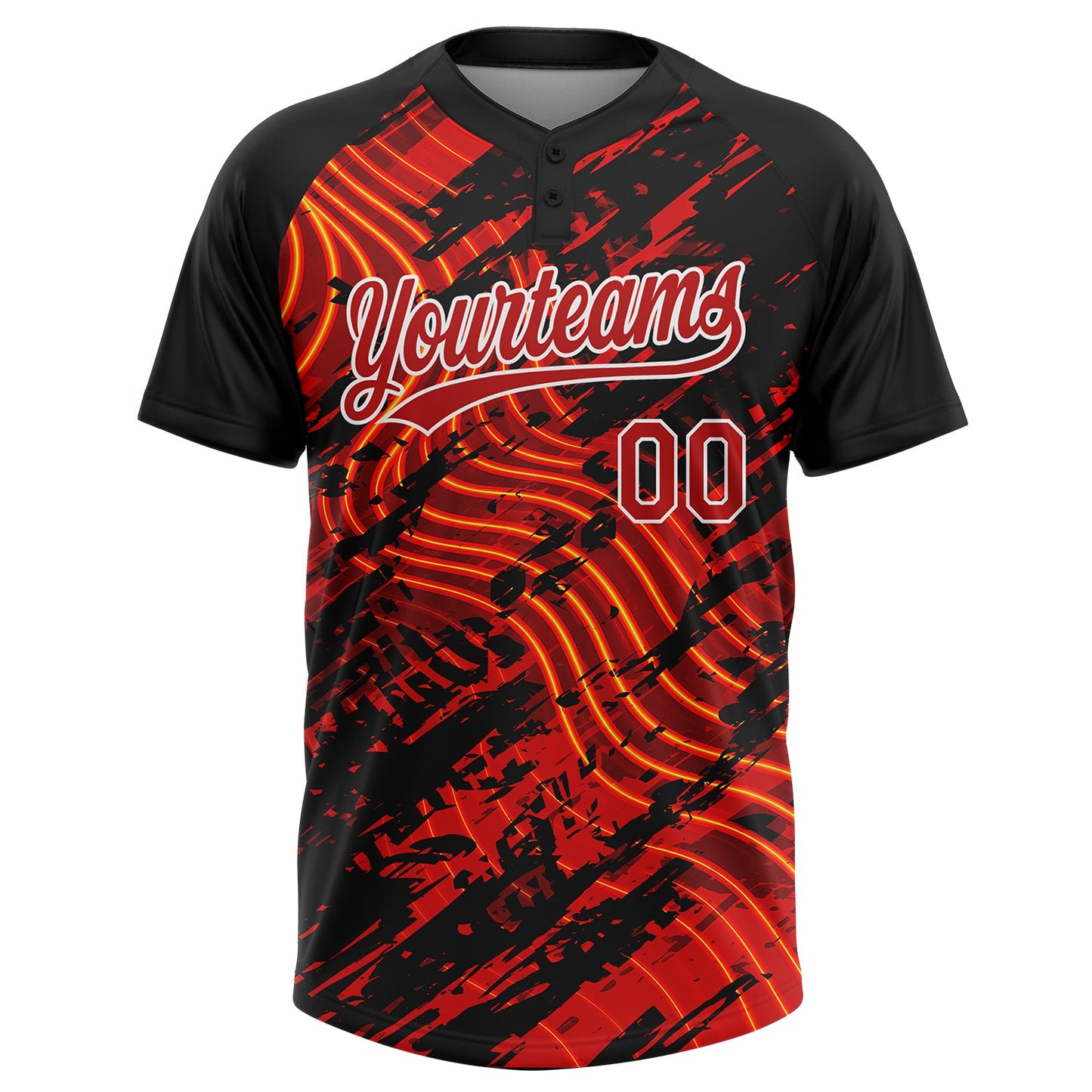 Custom Black Red-White Abstract Grunge Splatter Wave 3D Pattern Two-Button Unisex Softball Jersey view 2