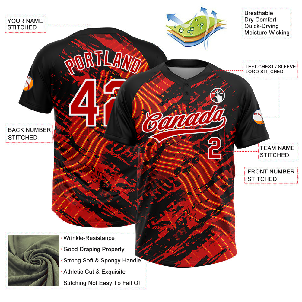 Custom Black Red-White Abstract Grunge Splatter Wave 3D Pattern Two-Button Unisex Softball Jersey view 3