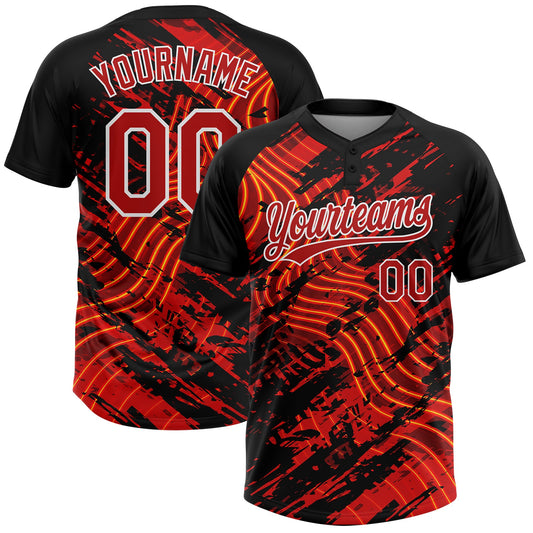 Custom Black Red-White Abstract Grunge Splatter Wave 3D Pattern Two-Button Unisex Softball Jersey - Main View