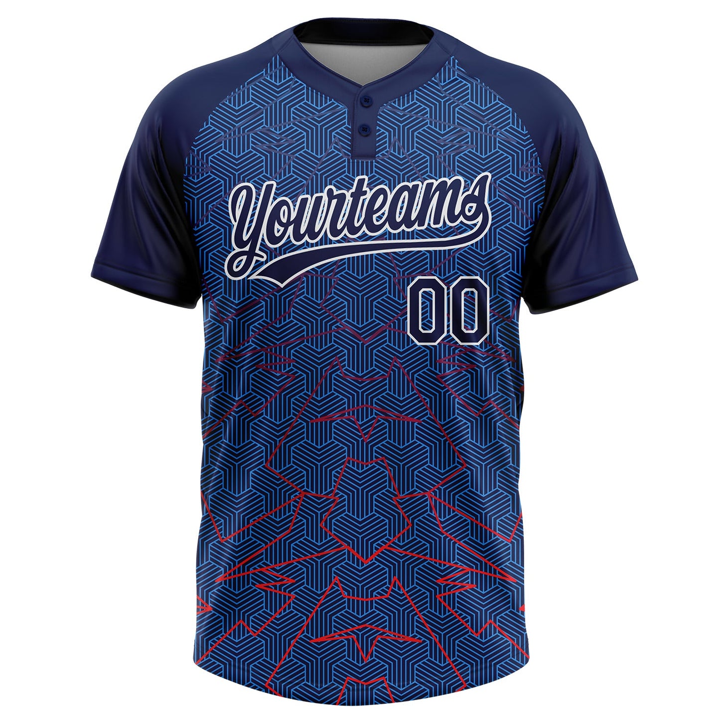 Custom Navy Electric Blue-White Geometric Pixel Grid 3D Pattern Two-Button Unisex Softball Jersey view 2