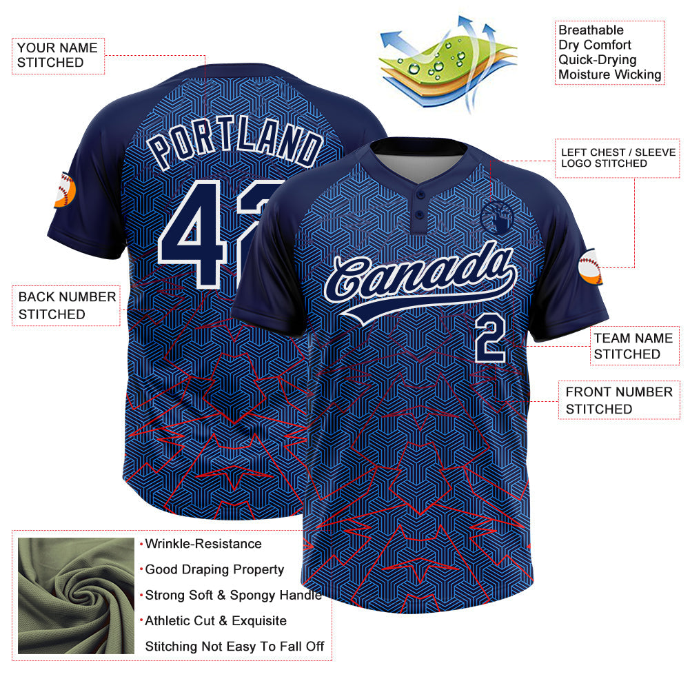 Custom Navy Electric Blue-White Geometric Pixel Grid 3D Pattern Two-Button Unisex Softball Jersey view 3