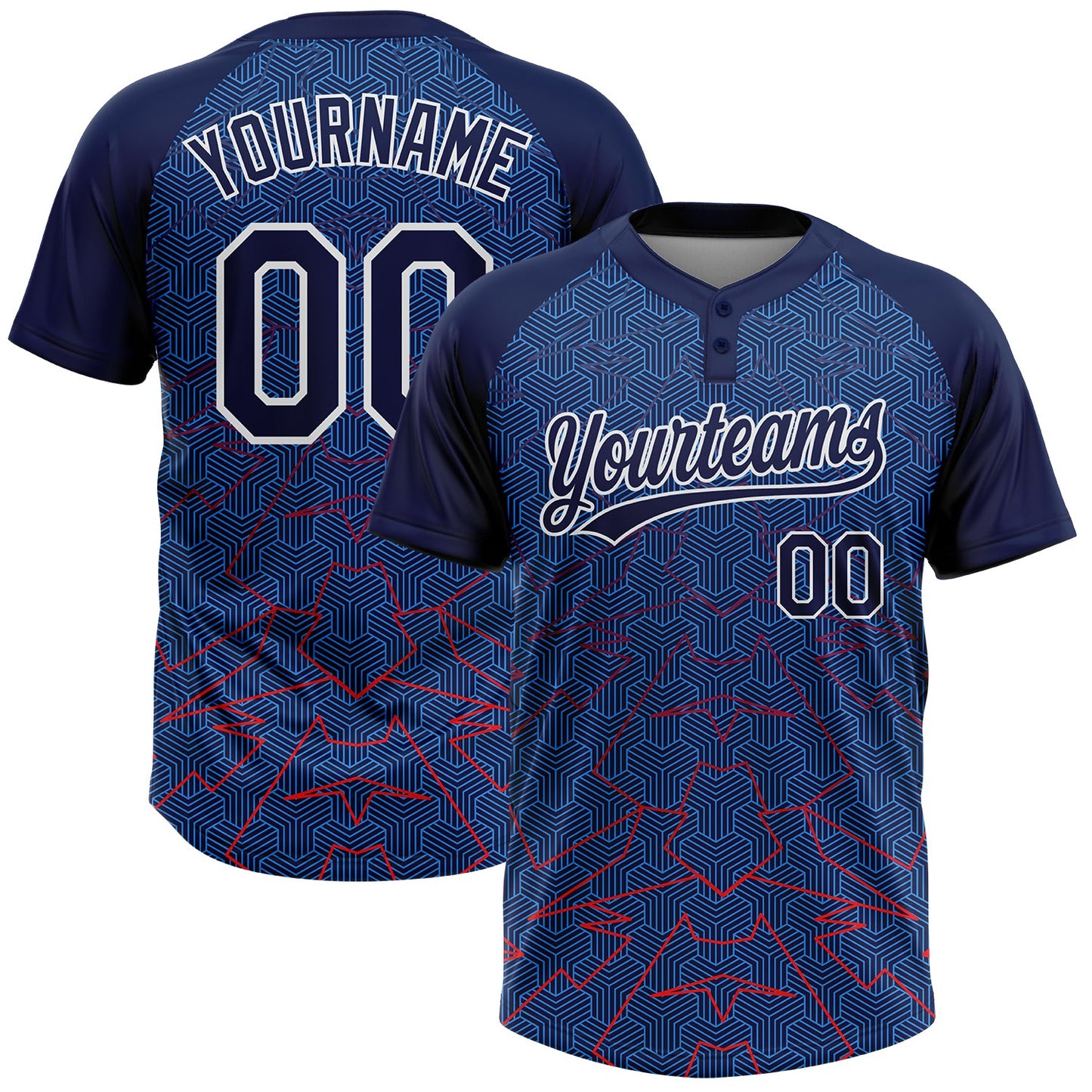 Custom Navy Electric Blue-White Geometric Pixel Grid 3D Pattern Two-Button Unisex Softball Jersey - Main View