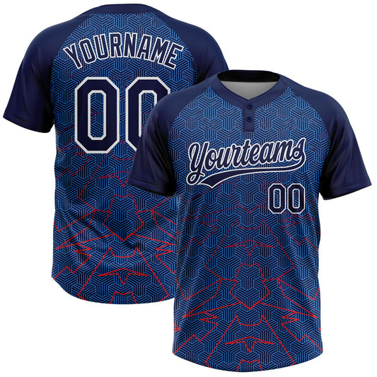 Custom Navy Electric Blue-White Geometric Pixel Grid 3D Pattern Two-Button Unisex Softball Jersey - Main View