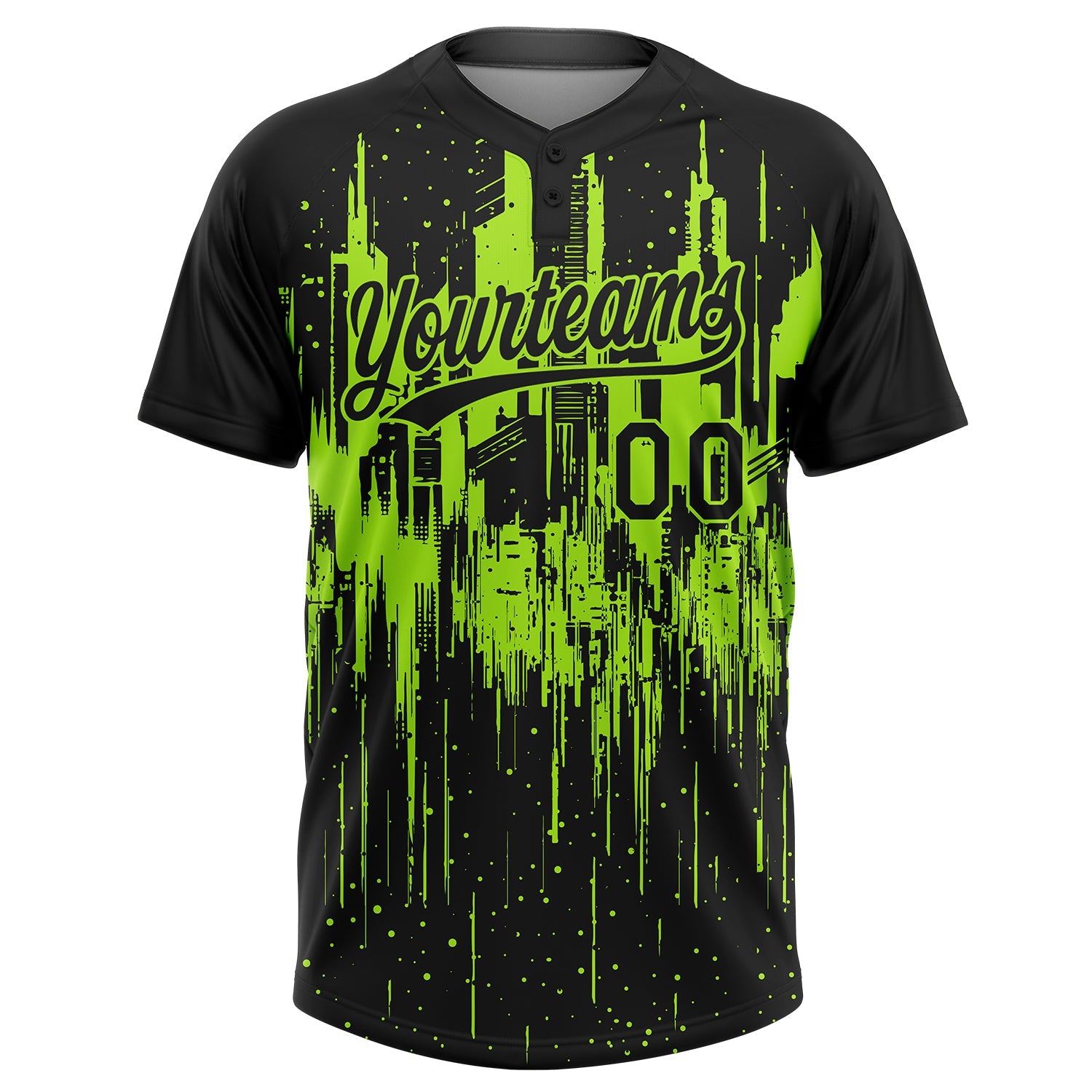Custom Black-Neon Green Dripping Splatter Paint 3D Pattern Two-Button Unisex Softball Jersey view 2