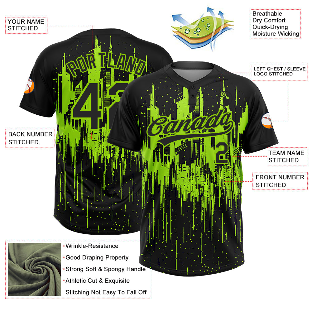 Custom Black-Neon Green Dripping Splatter Paint 3D Pattern Two-Button Unisex Softball Jersey view 3