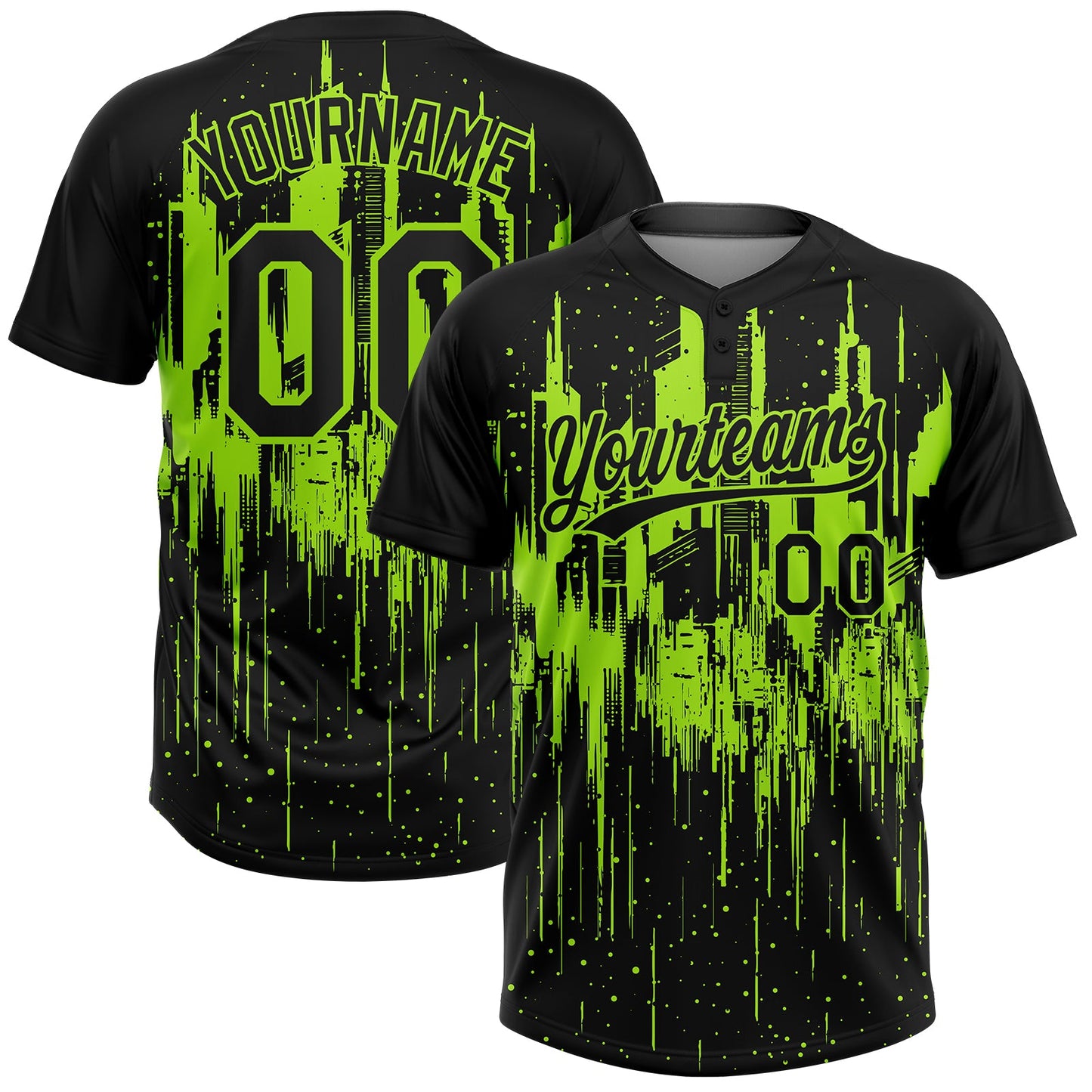 Custom Black-Neon Green Dripping Splatter Paint 3D Pattern Two-Button Unisex Softball Jersey - Main View