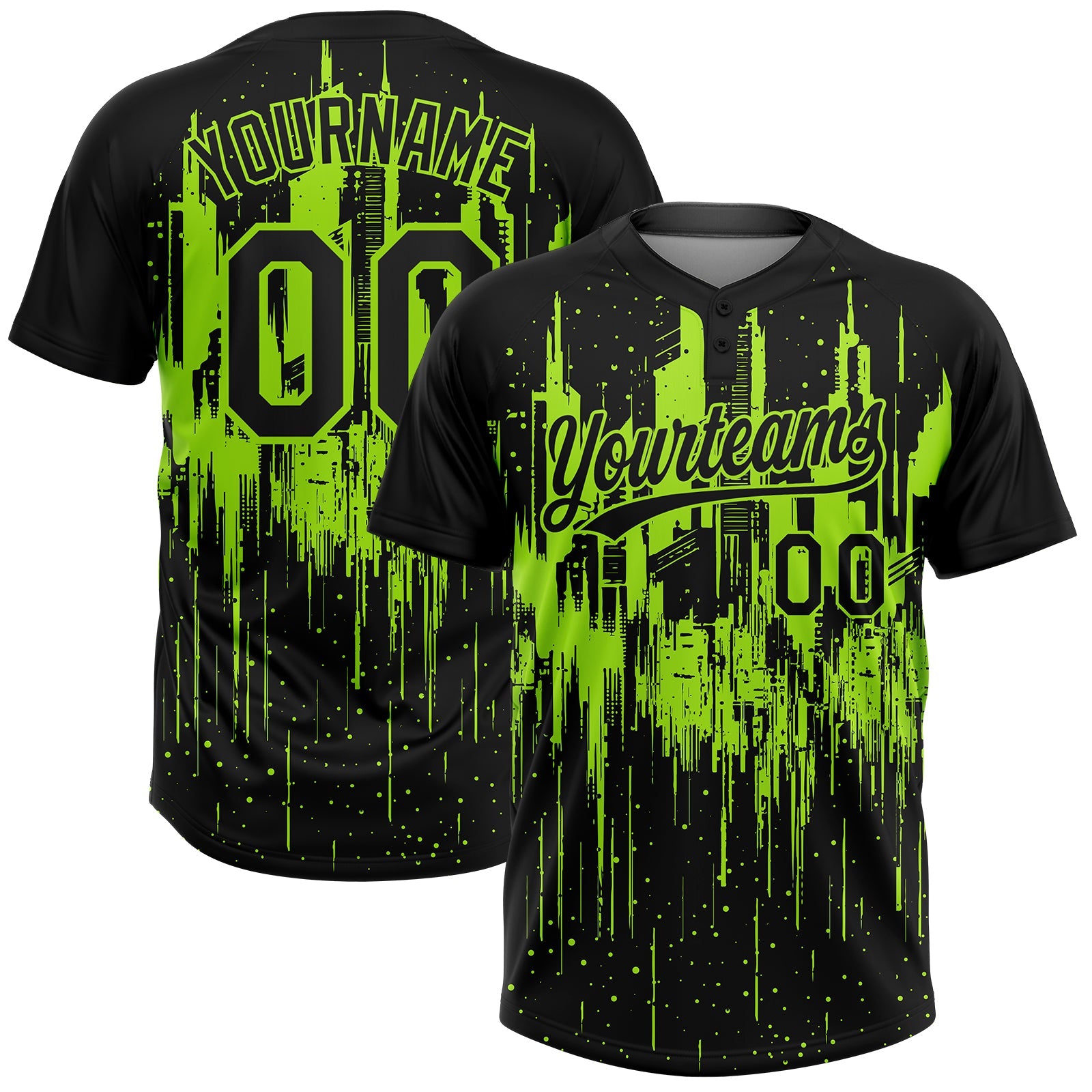 Custom Black-Neon Green Dripping Splatter Paint 3D Pattern Two-Button Unisex Softball Jersey - Main View