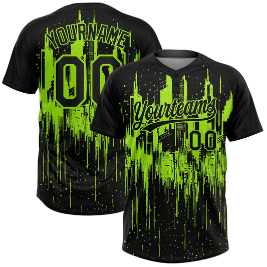 Custom Black-Neon Green Dripping Splatter Paint 3D Pattern Two-Button Unisex Softball Jersey - Main View
