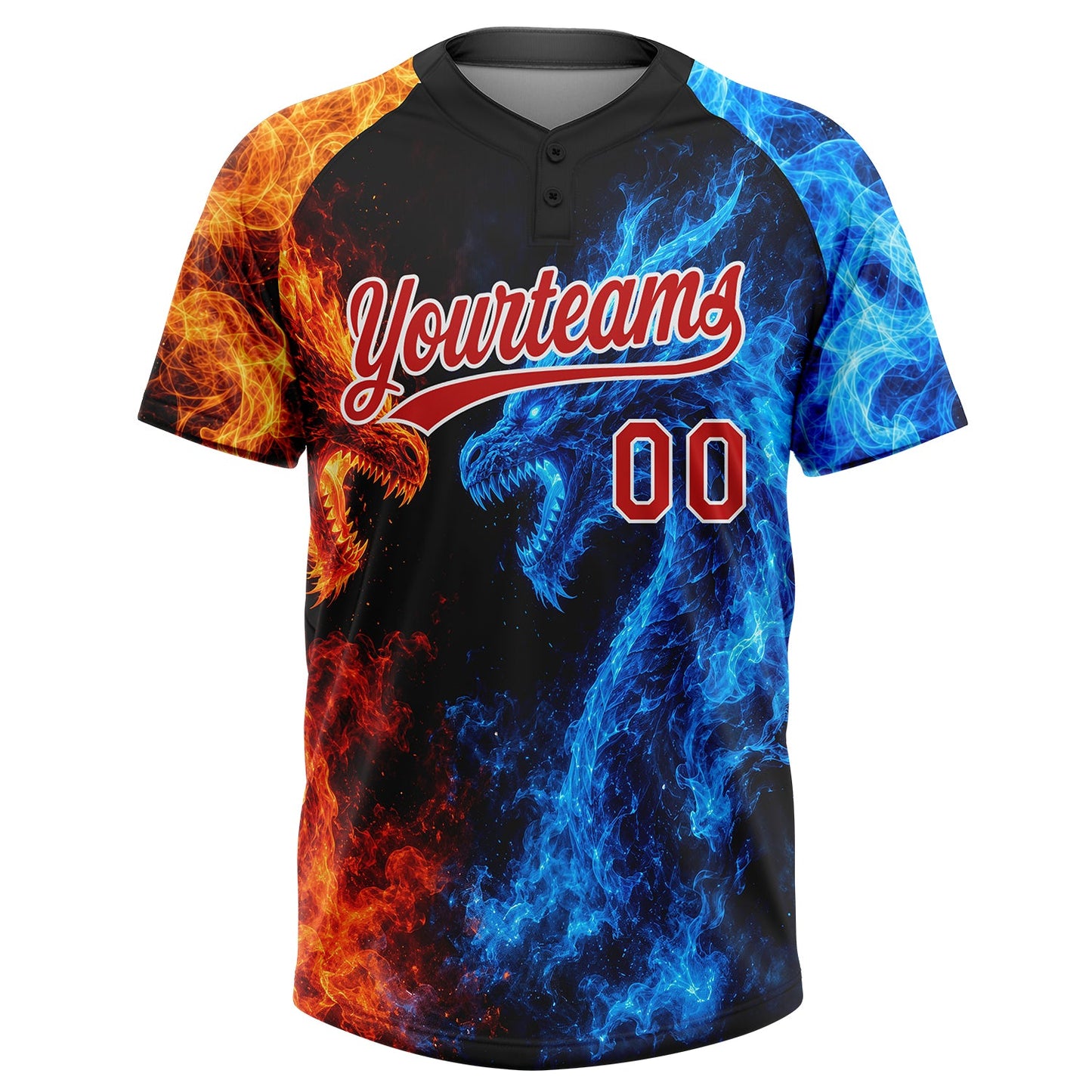 Custom Black Red Royal-White Ice And Fire Dragons 3D Pattern Two-Button Unisex Softball Jersey view 2