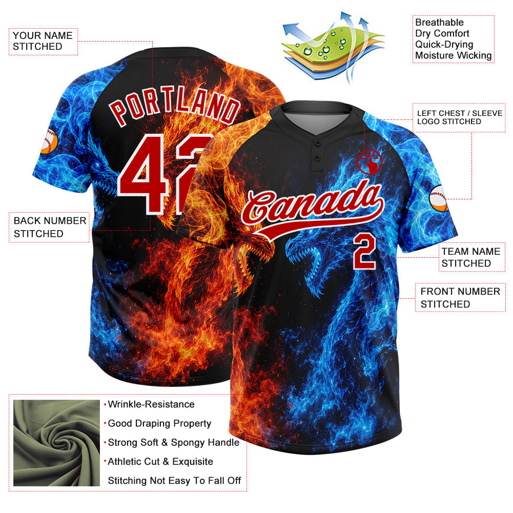 Custom Black Red Royal-White Ice And Fire Dragons 3D Pattern Two-Button Unisex Softball Jersey view 3