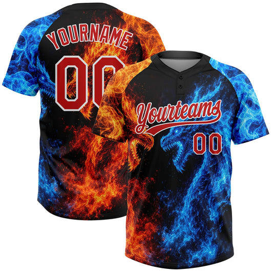 Custom Black Red Royal-White Ice And Fire Dragons 3D Pattern Two-Button Unisex Softball Jersey - Main View