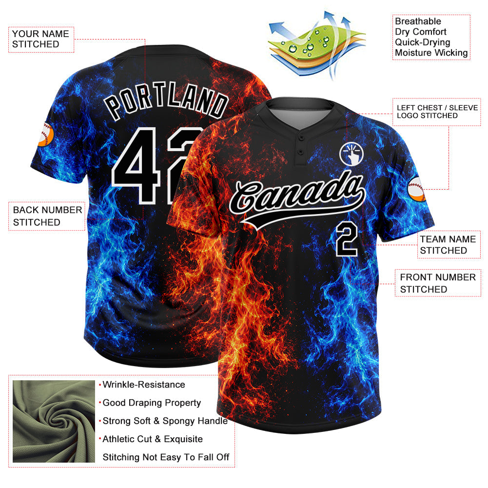 Custom Black Royal Red-White Fire Flame 3D Pattern Two-Button Unisex Softball Jersey view 3