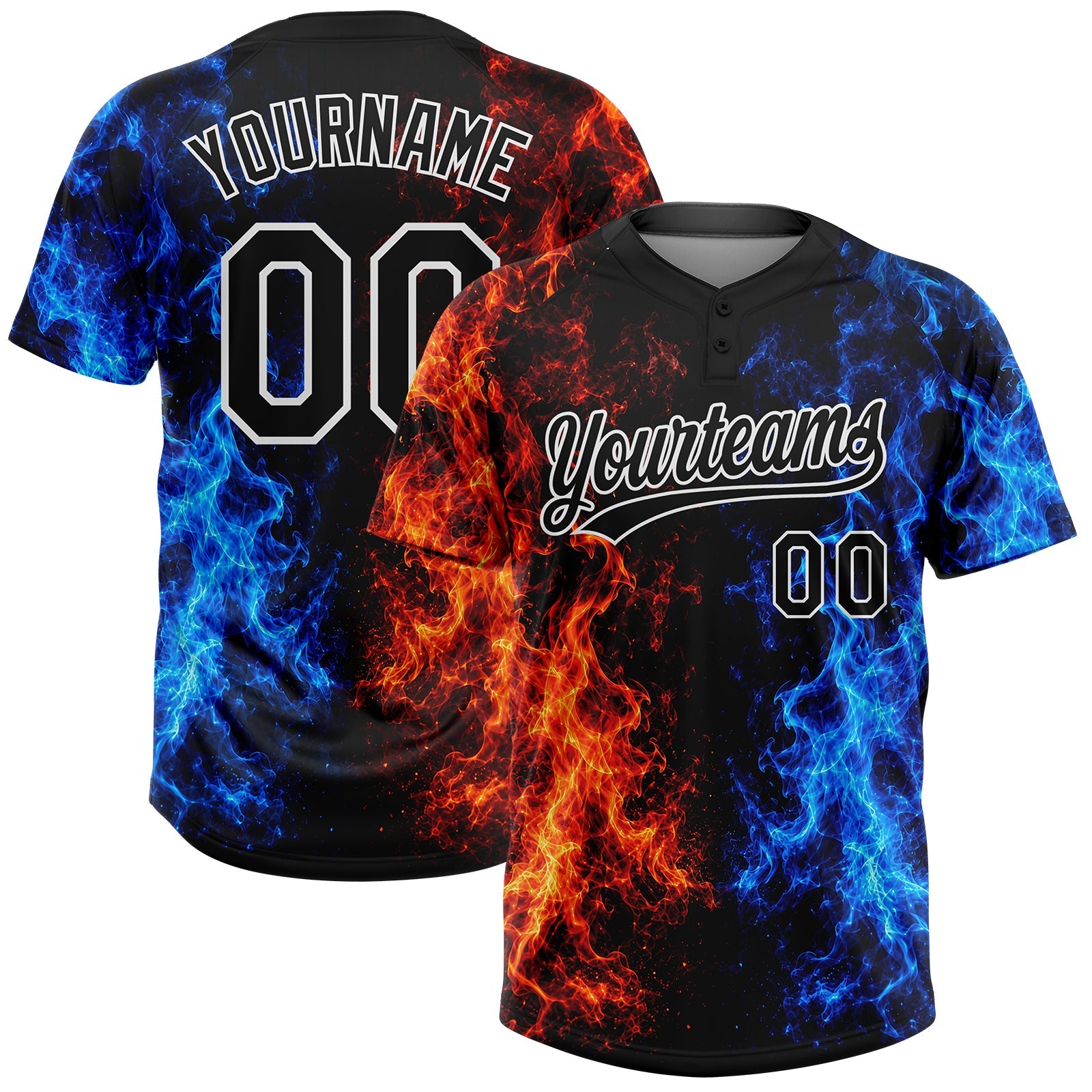 Custom Black Royal Red-White Fire Flame 3D Pattern Two-Button Unisex Softball Jersey - Main View