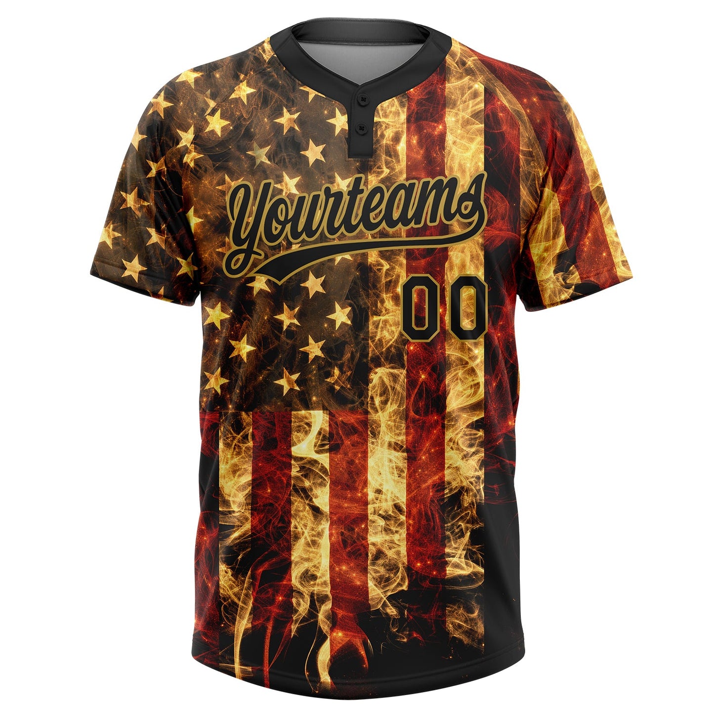 Custom Black-Old Gold American Flag Two-Button Unisex Softball Jersey view 2