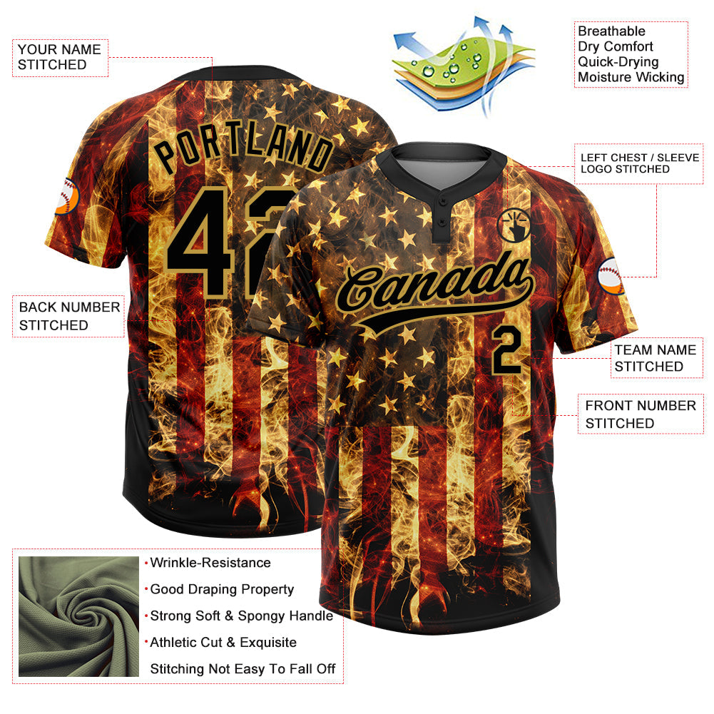 Custom Black-Old Gold American Flag Two-Button Unisex Softball Jersey view 3