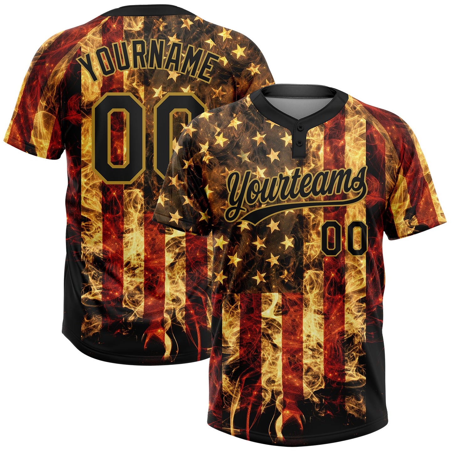 Custom Black-Old Gold American Flag Two-Button Unisex Softball Jersey - Main View