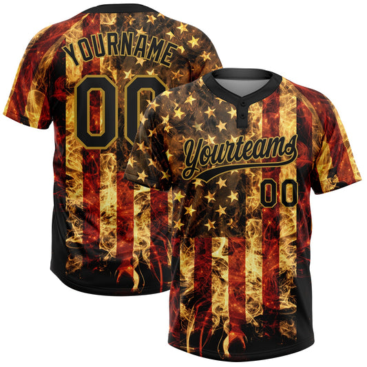 Custom Black-Old Gold American Flag Two-Button Unisex Softball Jersey - Main View