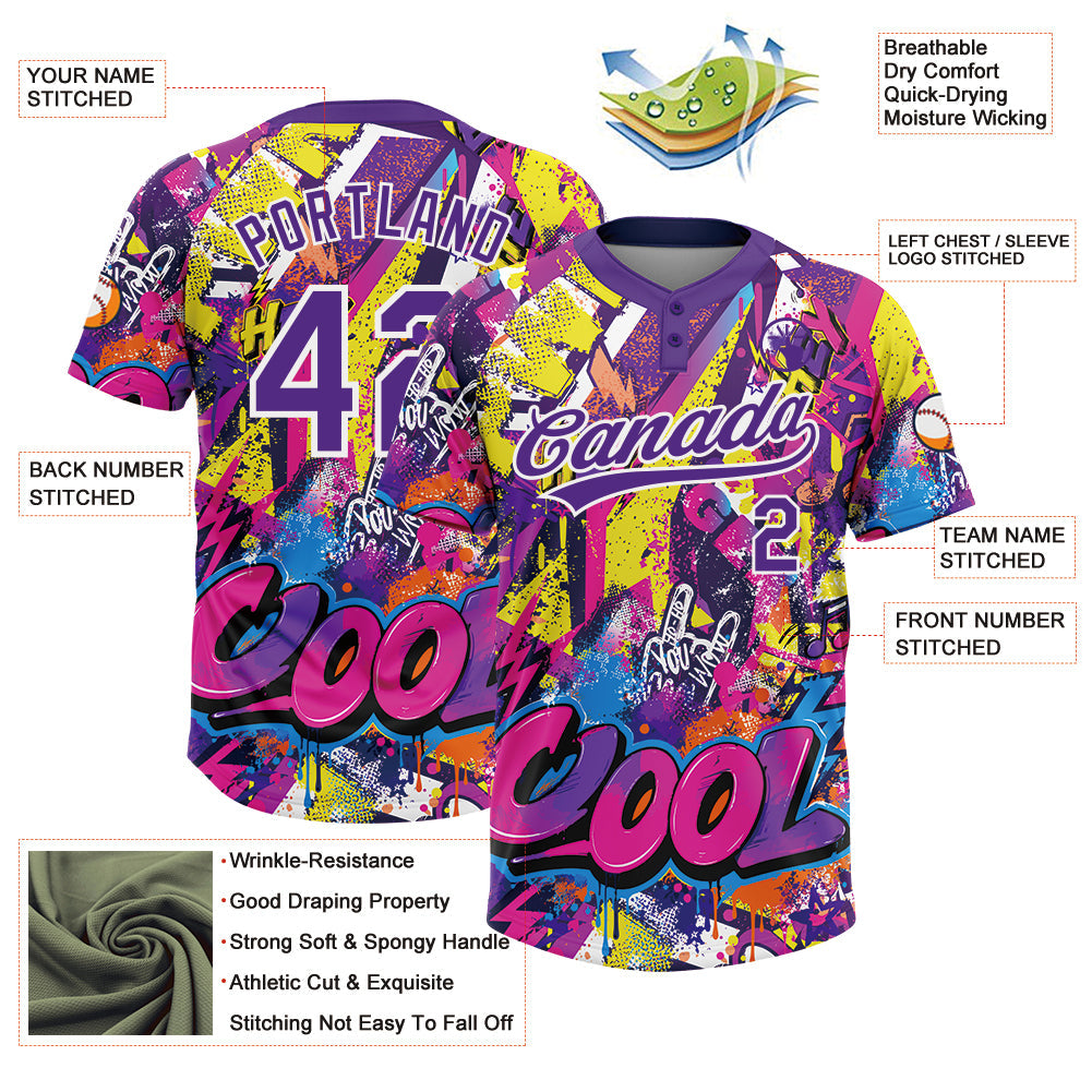 Custom Graffiti Pattern Purple-White Urban Street Dripping Paint Two-Button Unisex Softball Jersey view 3