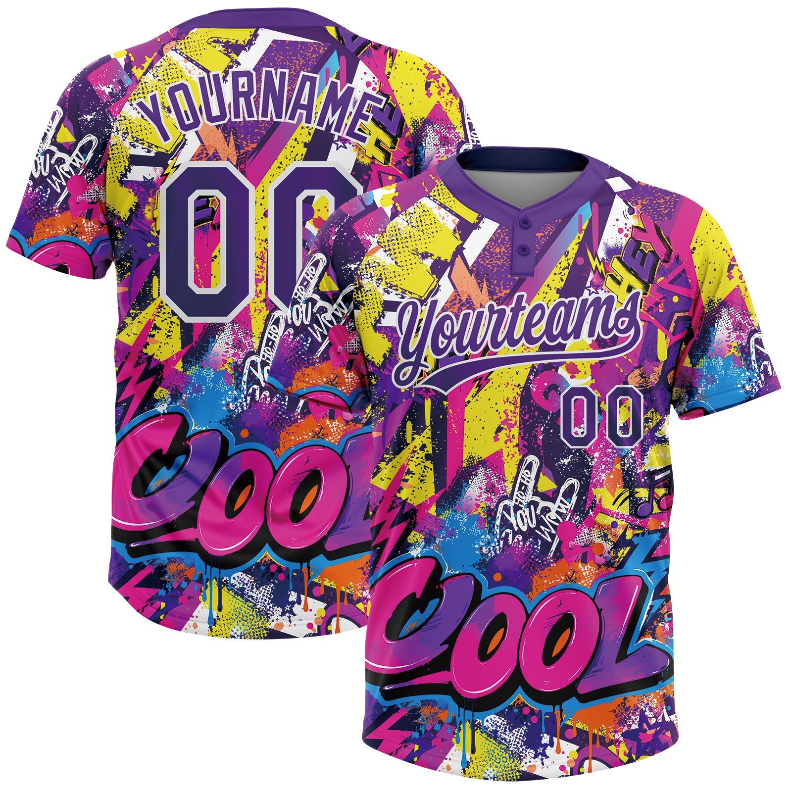 Custom Graffiti Pattern Purple-White Urban Street Dripping Paint Two-Button Unisex Softball Jersey - Main View