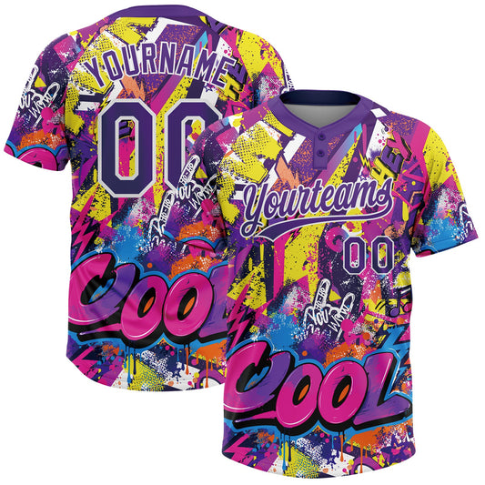 Custom Graffiti Pattern Purple-White Urban Street Dripping Paint Two-Button Unisex Softball Jersey - Main View