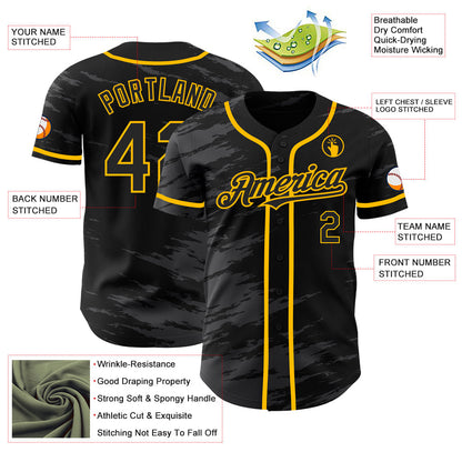 Custom Black Steel Gray Splash Ink Gold Authentic Baseball Jersey view 3