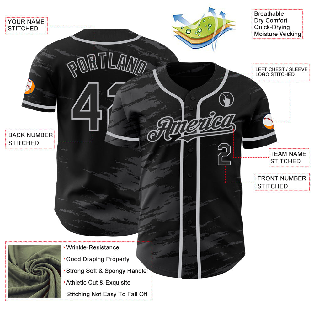 Custom Black Steel Gray Splash Ink Gray Authentic Baseball Jersey view 3