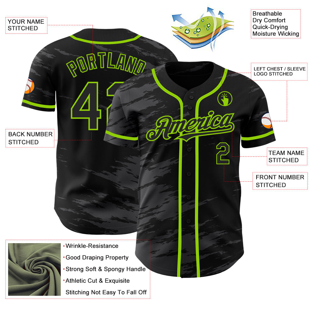Custom Black Steel Gray Splash Ink Neon Green Authentic Baseball Jersey view 3