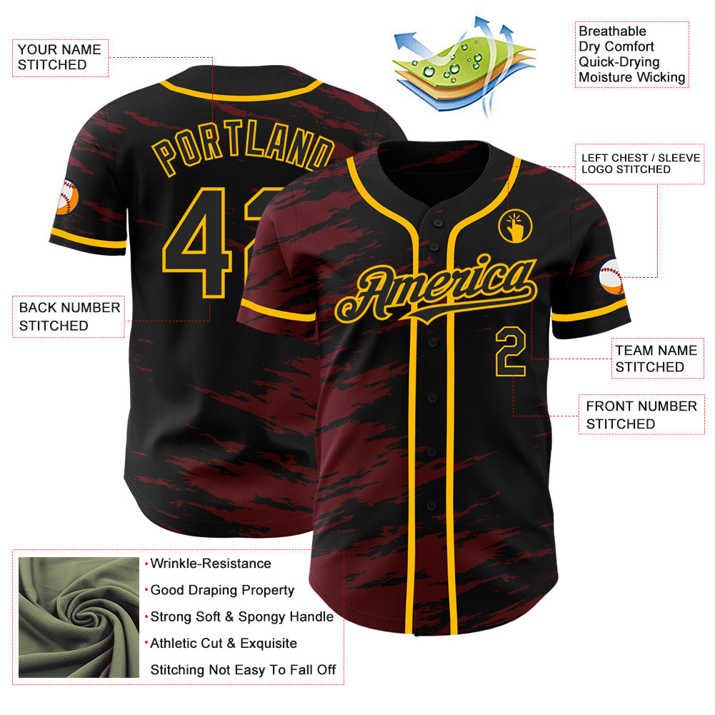 Custom Black Crimson Splash Ink Gold Authentic Baseball Jersey view 3