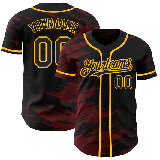 Custom Black Crimson Splash Ink Gold Authentic Baseball Jersey - Main View