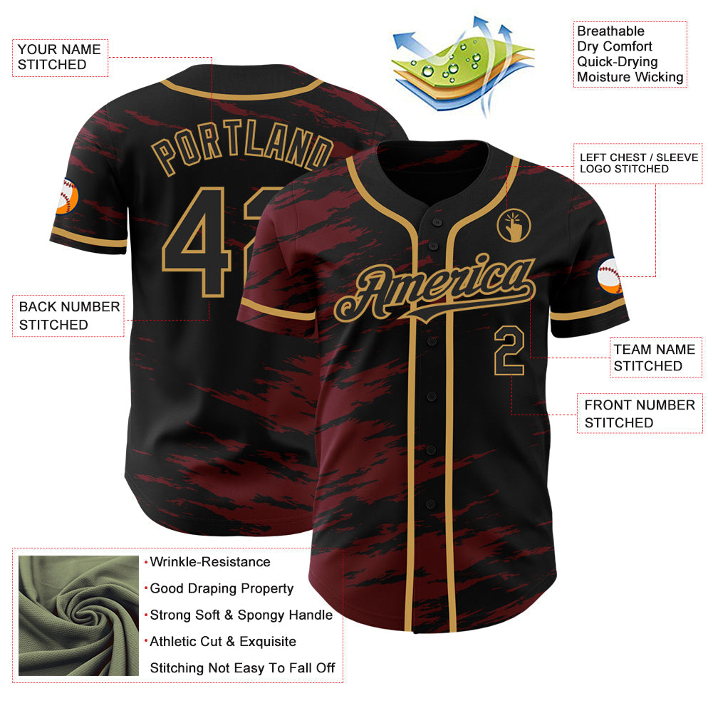 Custom Black Crimson Splash Ink Old Gold Authentic Baseball Jersey view 3