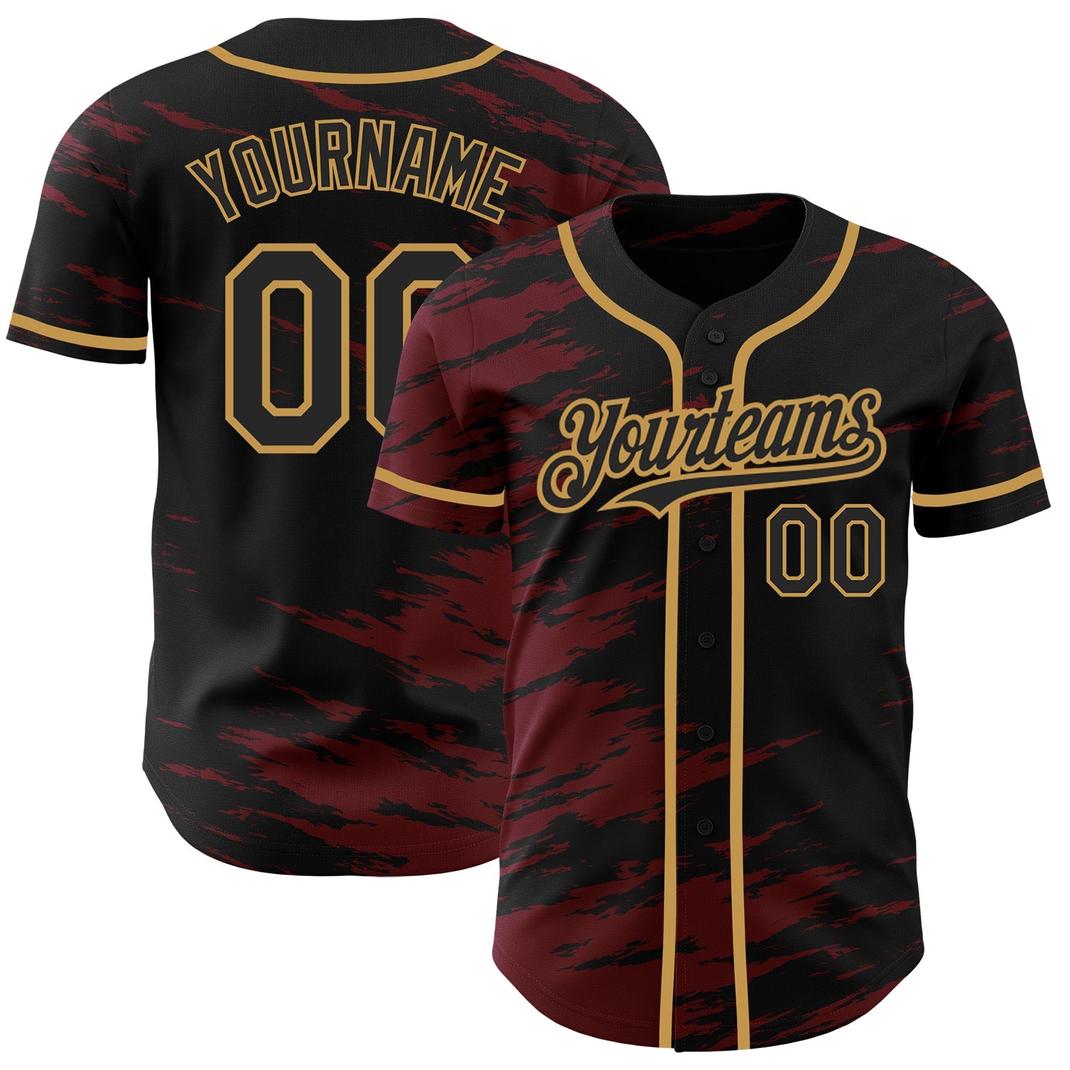 Custom Black Crimson Splash Ink Old Gold Authentic Baseball Jersey - Main View