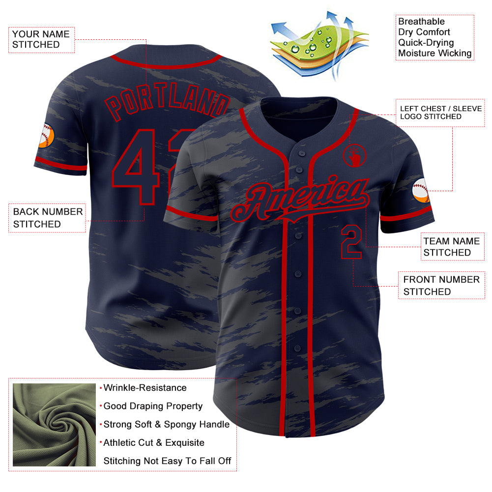 Custom Navy Steel Gray Splash Ink Red Authentic Baseball Jersey view 3