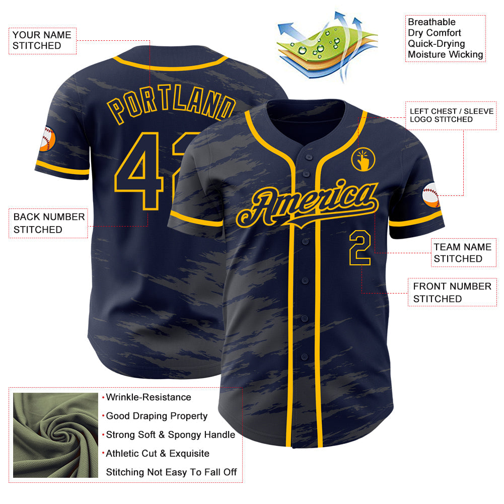 Custom Navy Steel Gray Splash Ink Gold Authentic Baseball Jersey view 3